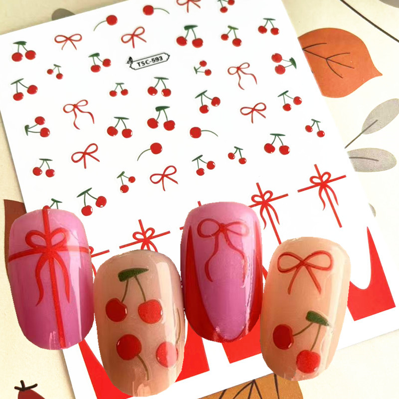 Nail Art Red Cherry - Autocollant 3D auto-adhésif avec nœud papillon