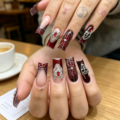 Nail Art Fake Nails - Faux ongles longs forme cercueil, rouge